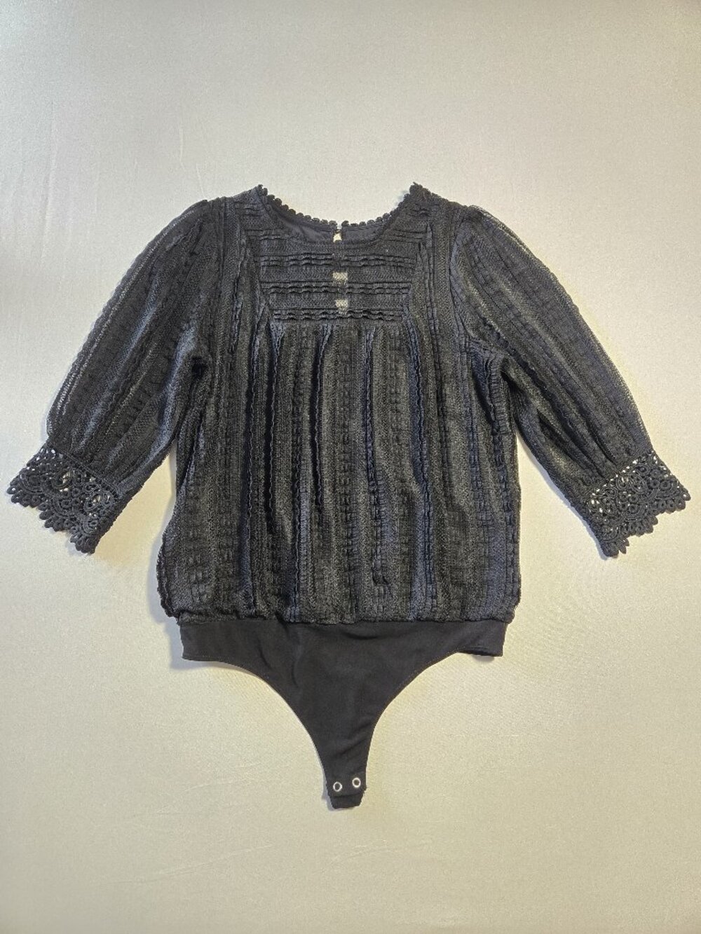 Express Womens M Black Lace  Bodysuit 3/4 Sleeve Pleated Bib Crochet Thong Top